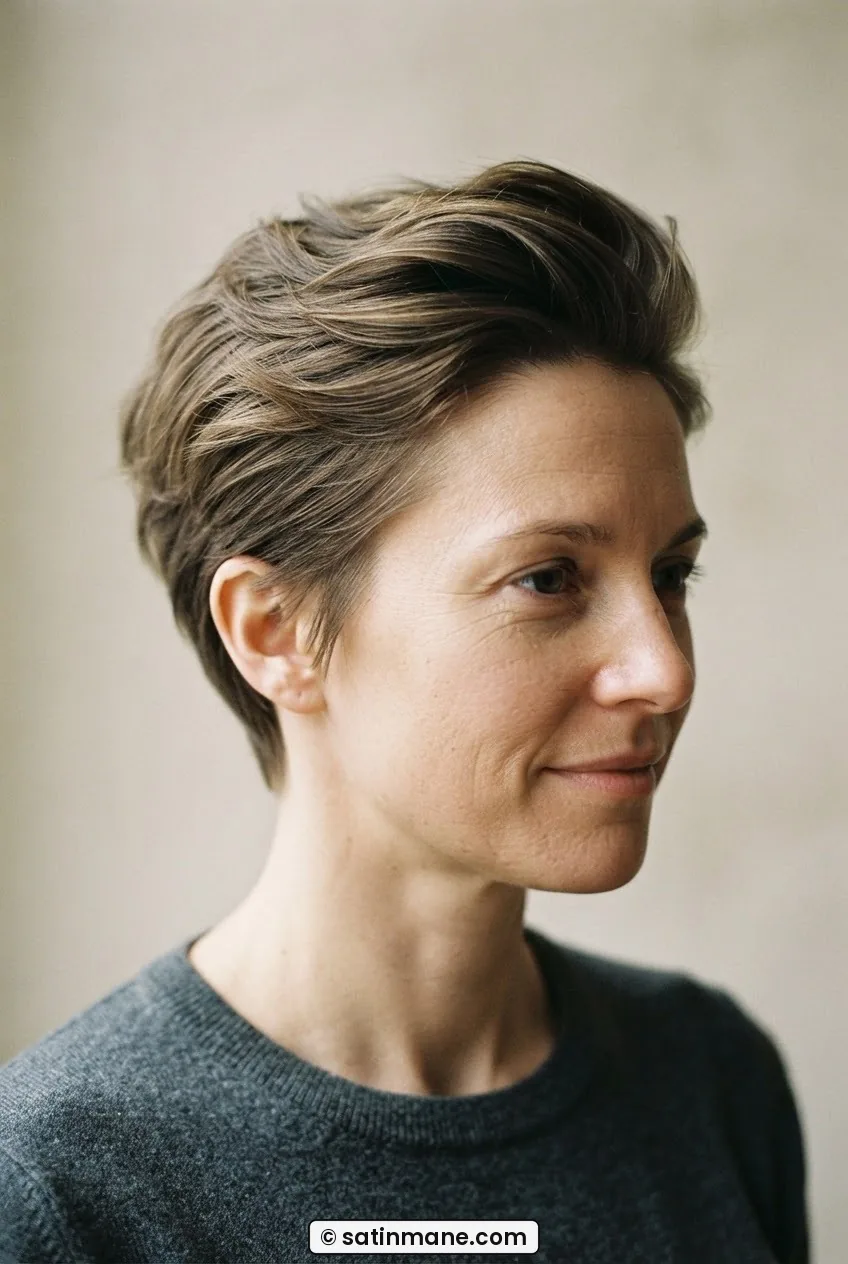 Three-quarter front view of woman with fine hair pixie showing crown volume and styled texture