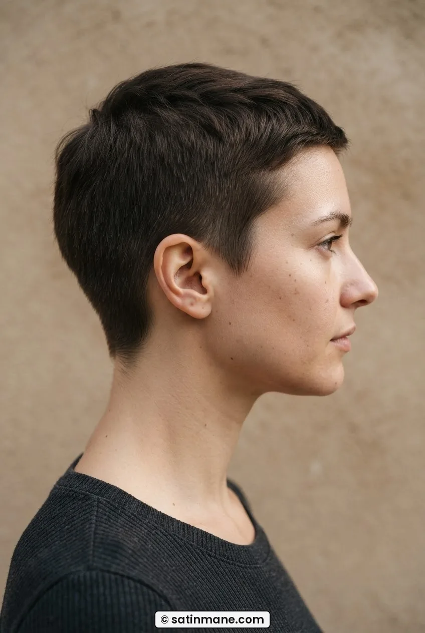 Woman with close-cropped pixie cut in side profile showing nape and ear detail against clay backdrop