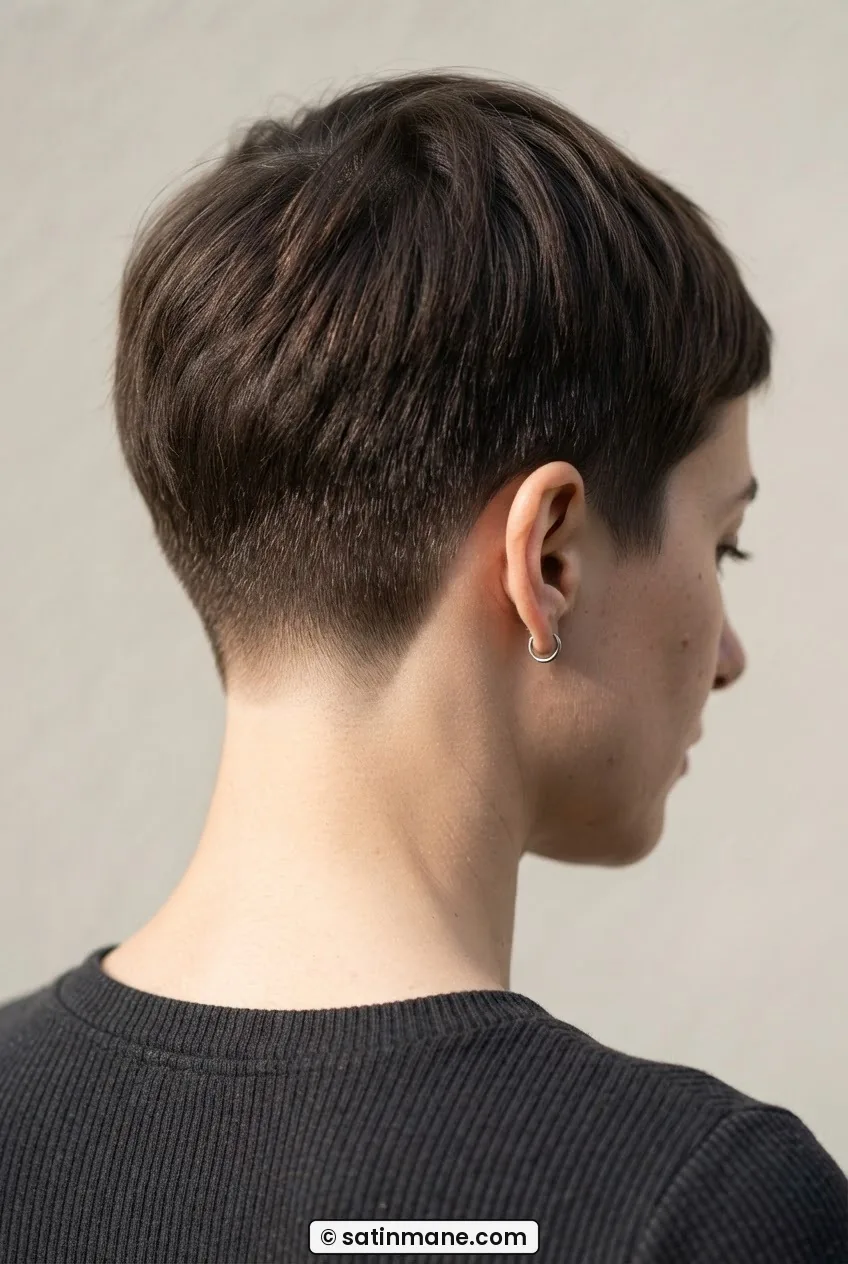 Close back view of woman with tapered pixie showing skin fade graduating up through the nape
