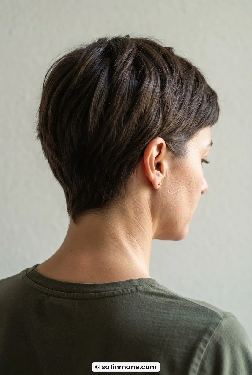 Back and side view of tapered pixie at week six of growth showing softening nape line and crown length