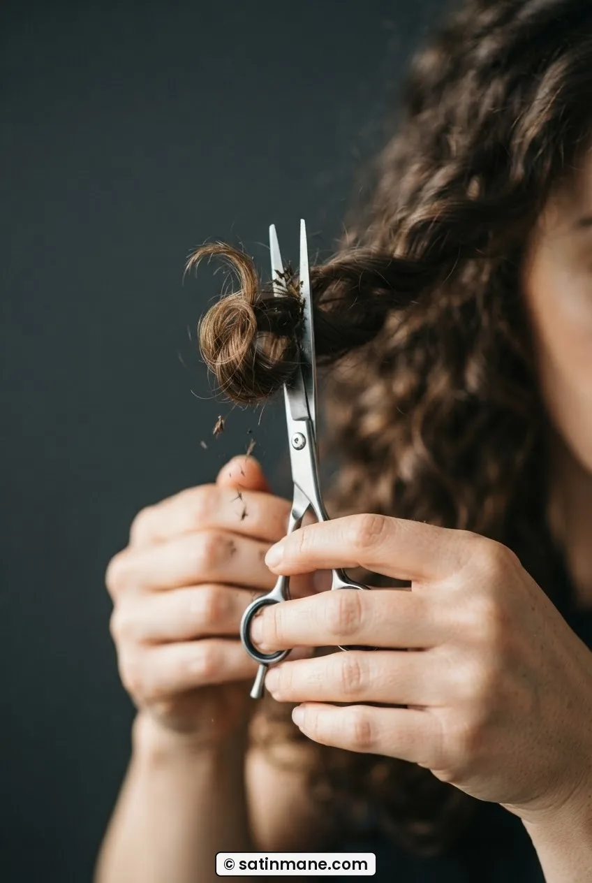 Smooth haircutting scissors with both finger holes visible performing a vertical point cut into the tip of a single curl clump