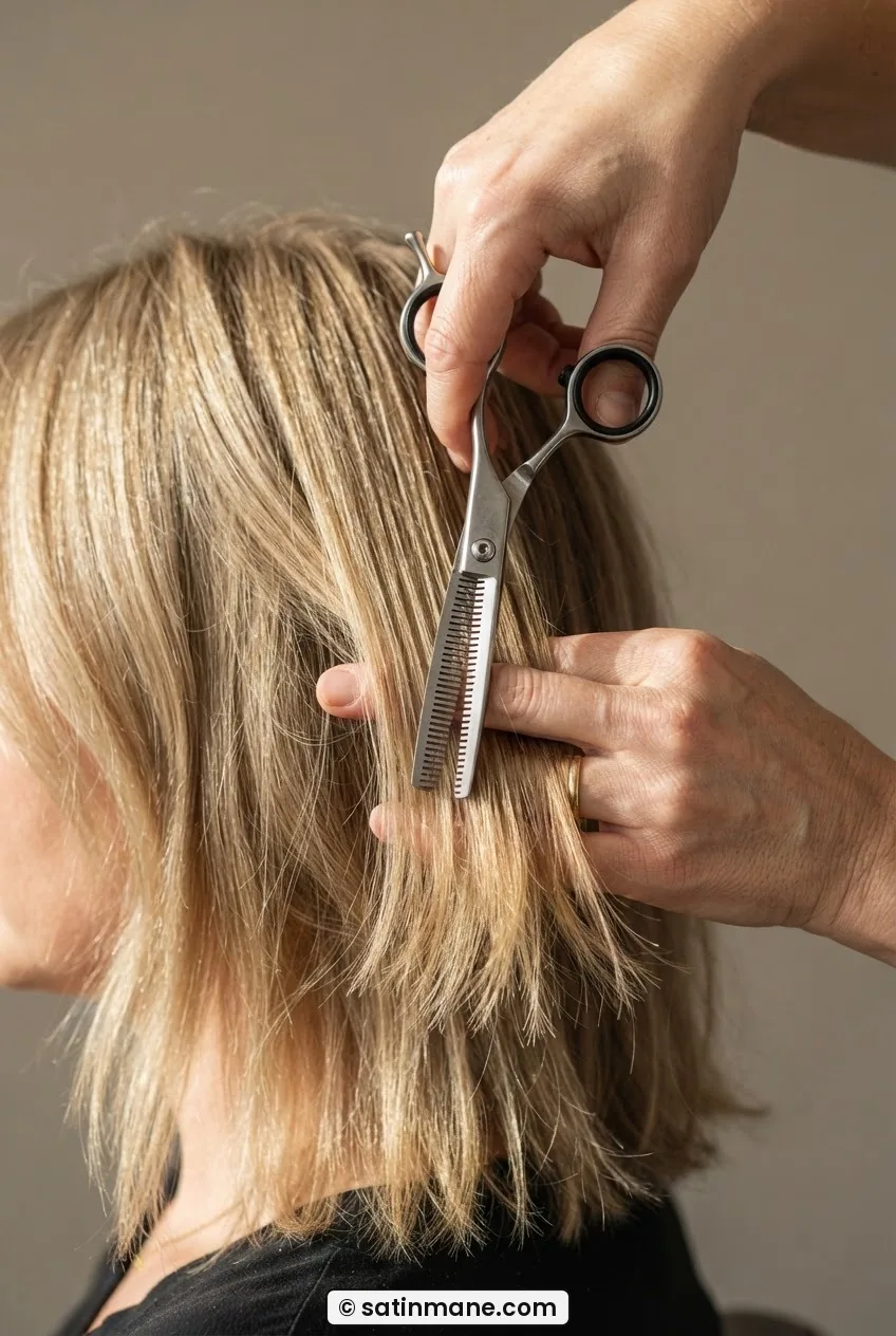 Thinning shears pointed vertically downward into the ends of a mid-length lob, creating notched texture