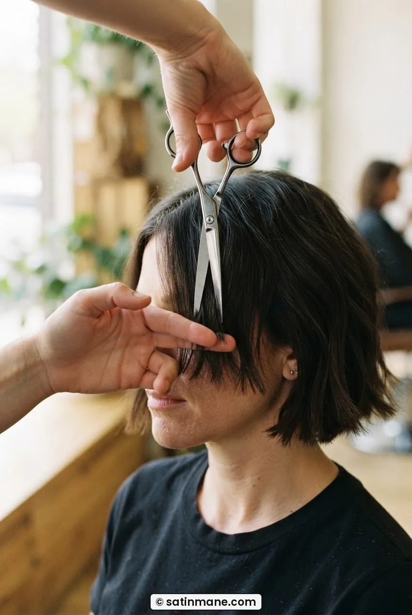 Close view of vertical point-cutting scissors softening the perimeter of a chin-length bob