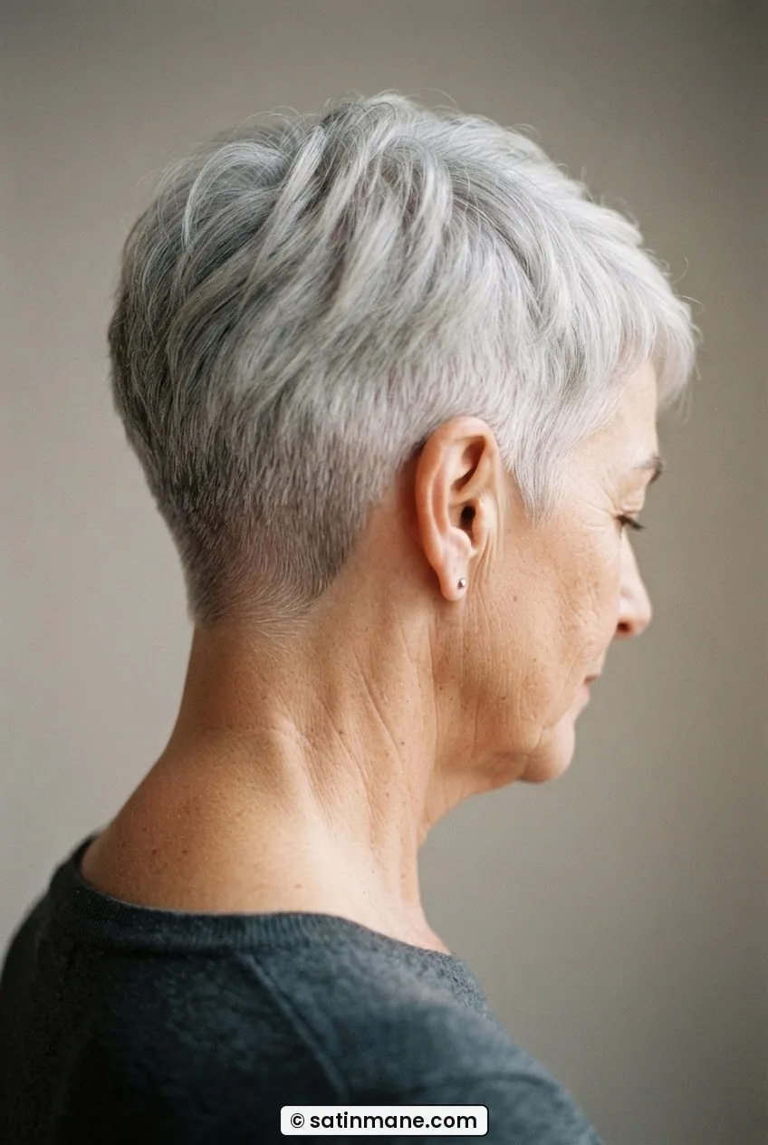 62-year-old woman with precision silver pixie cut showing tapered nape and side directional daylight highlighting the clean line