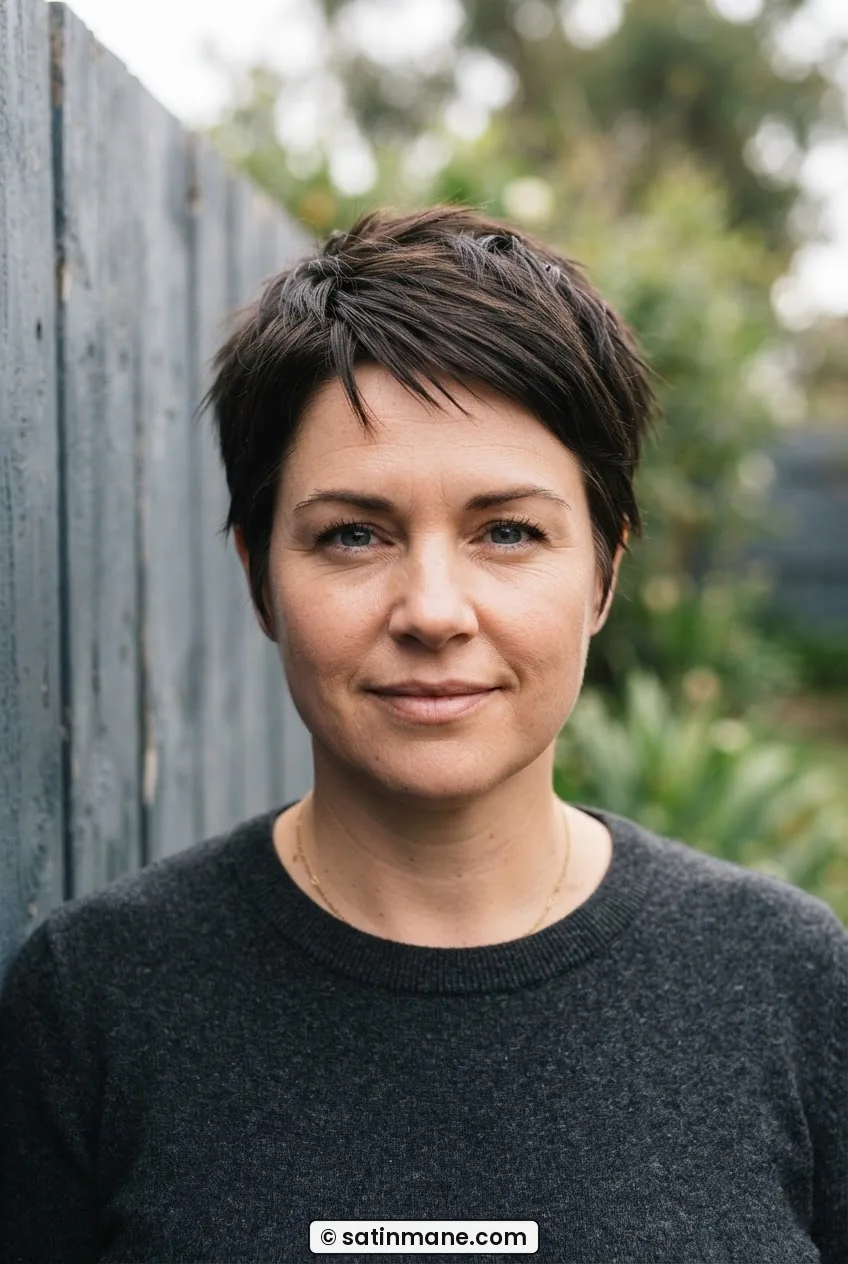 Woman with rounder face wearing short layered pixie with razored edges in soft overcast outdoor light