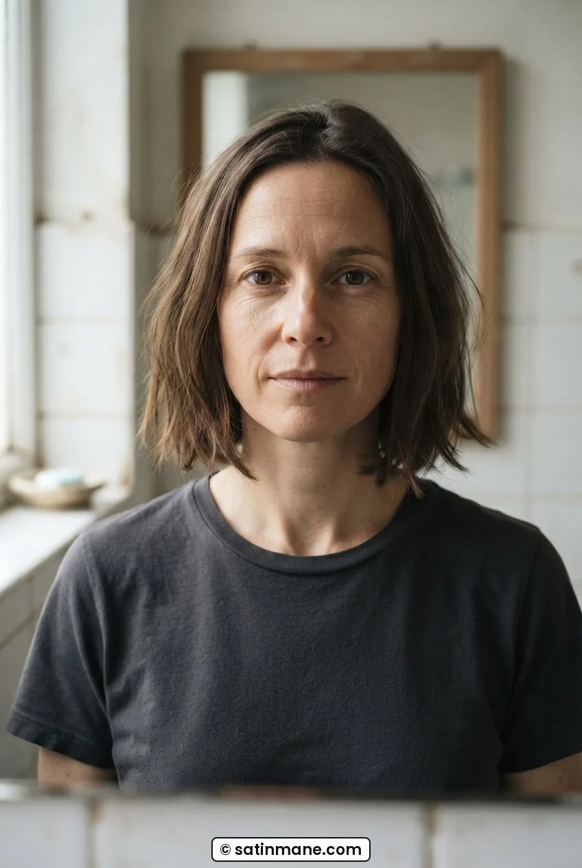 Woman at bathroom mirror with rough-dried chin-length bob hanging naturally before cutting