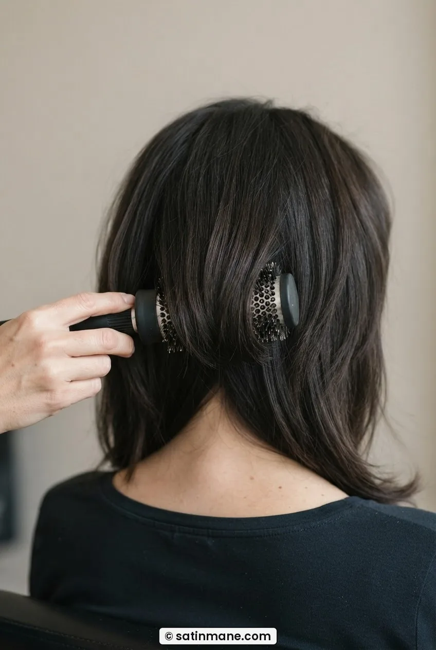 Round brush directing interior crown layers downward on dark layered hair during blow-drying to train the layers to fall with the length