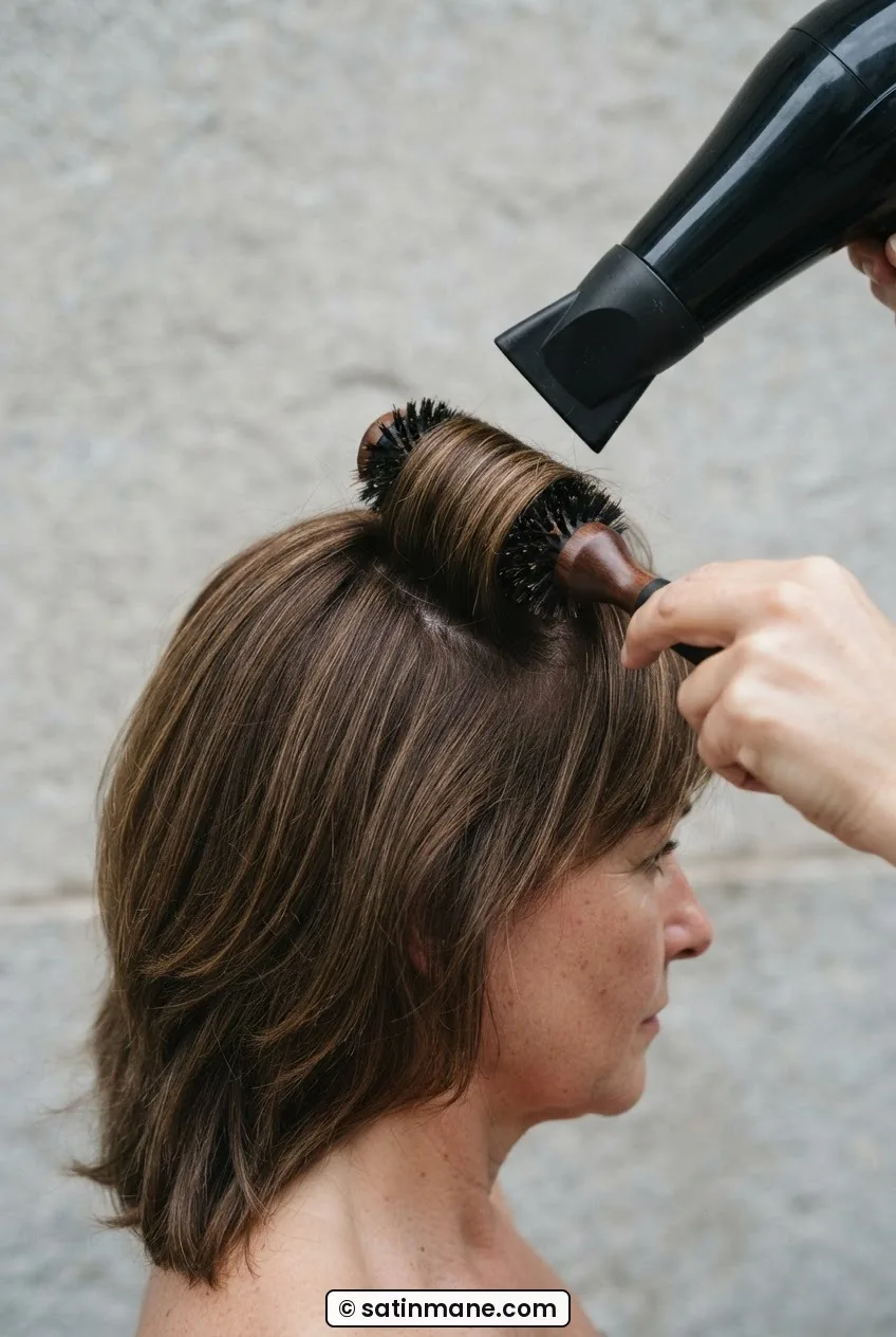 Round brush held at 90 degrees under lifted crown section with dryer nozzle angling in from above
