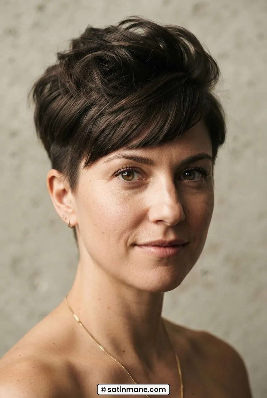 Front three-quarter view of woman with pixie styled for round face, high crown, close sides, side-swept fringe