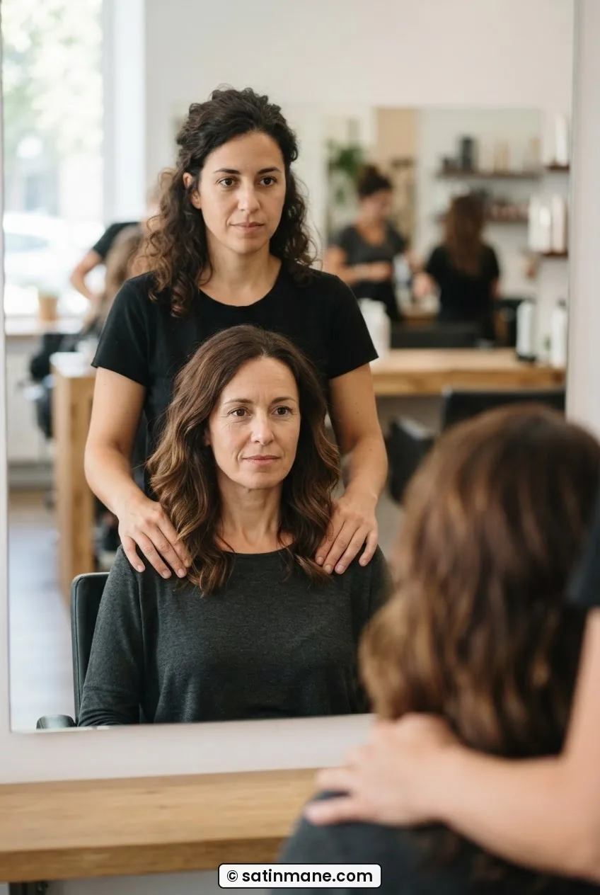Woman in salon chair consulting with stylist in mirror, no tools in frame, soft window lighting