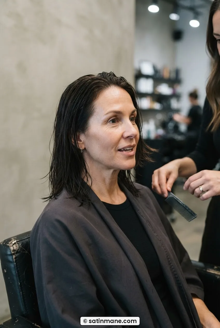 Woman in salon chair during consultation talking to stylist who holds a comb in resting position beside her wet hair