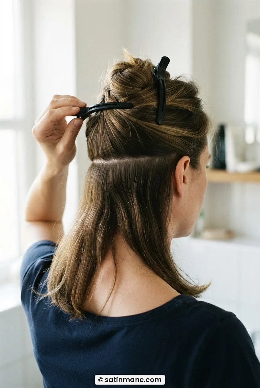 Back view of woman with hair sectioned into crown and lower halves using black sectioning clips