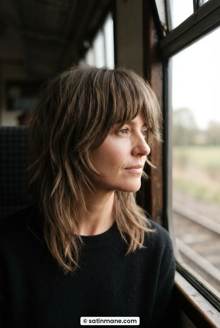 Woman with a 1970s-inspired medium shag and heavy curtain bangs, chunky face-framing layers visible, softly lit train window