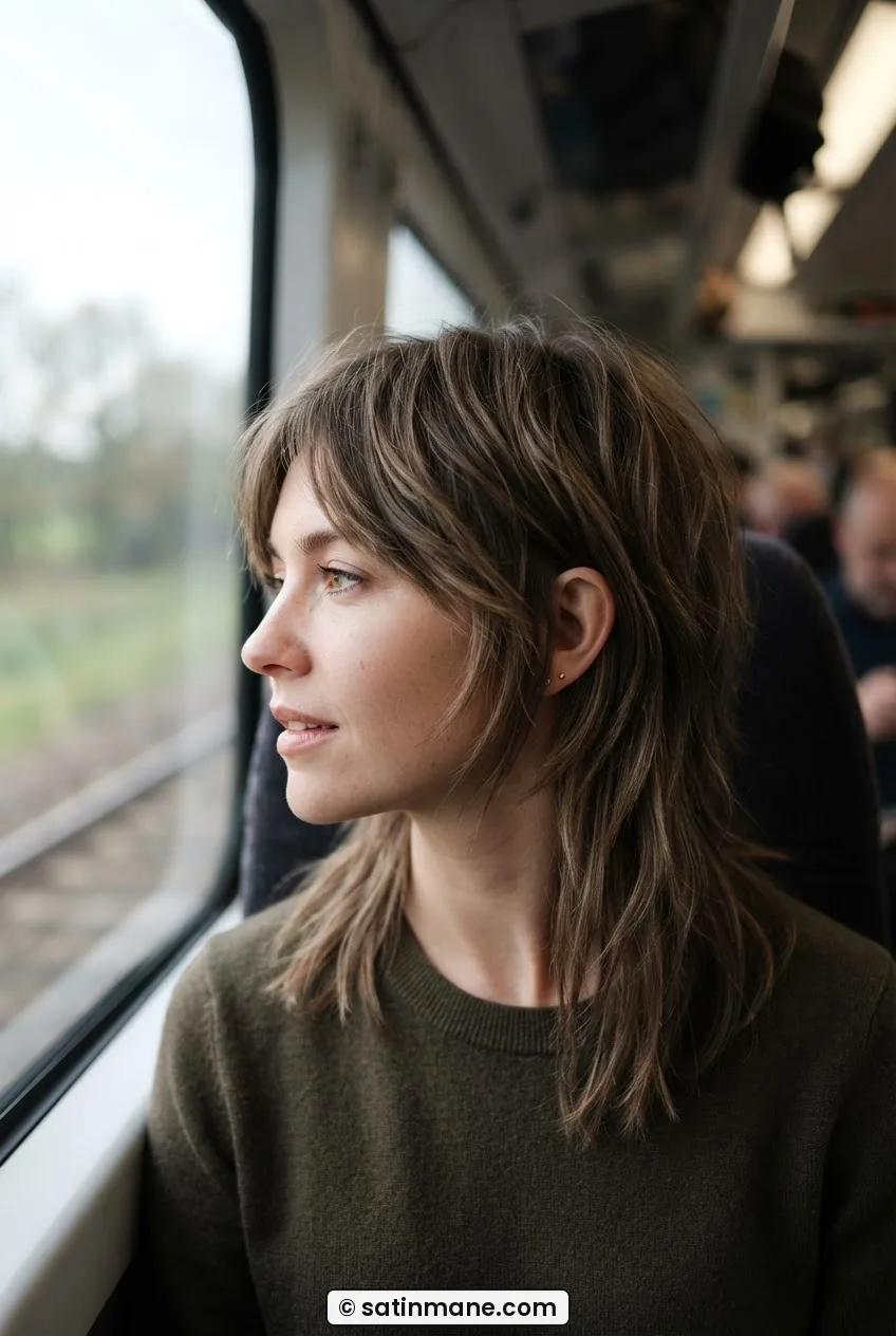 Close composition of a modern shag haircut at medium length showing layer graduation from cheek to shoulder, side-lit naturally