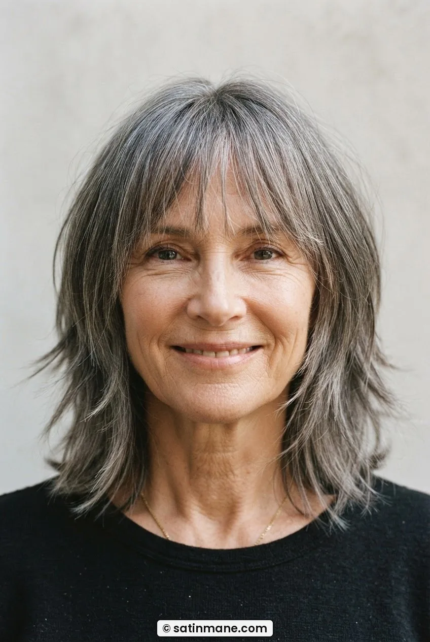 Woman with fine straight hair in a shaggy bob with curtain fringe and visible layered mid-lengths