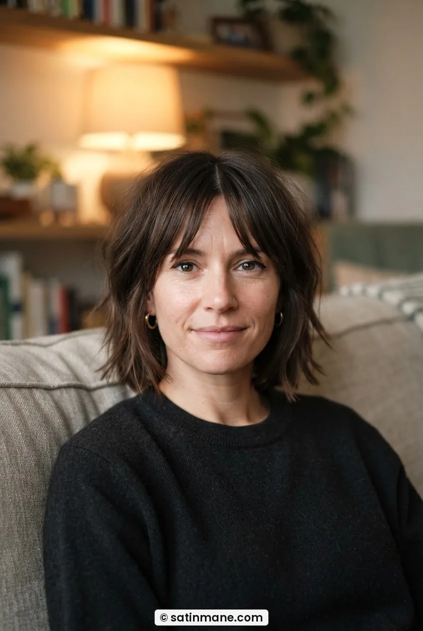 Woman with shaggy jaw-length bob featuring curtain bangs and wispy undone layers on a center part