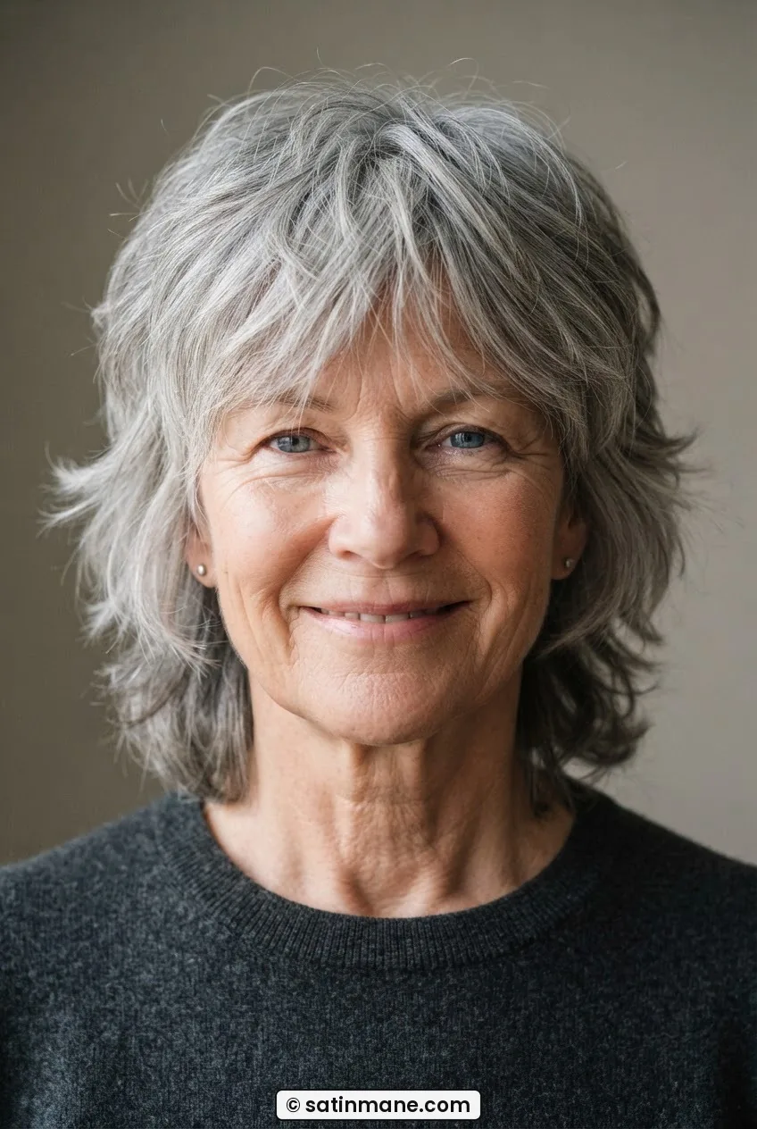 62-year-old woman with shaggy layered silver hair at chin length showing natural separation and feathered ends, air-dried