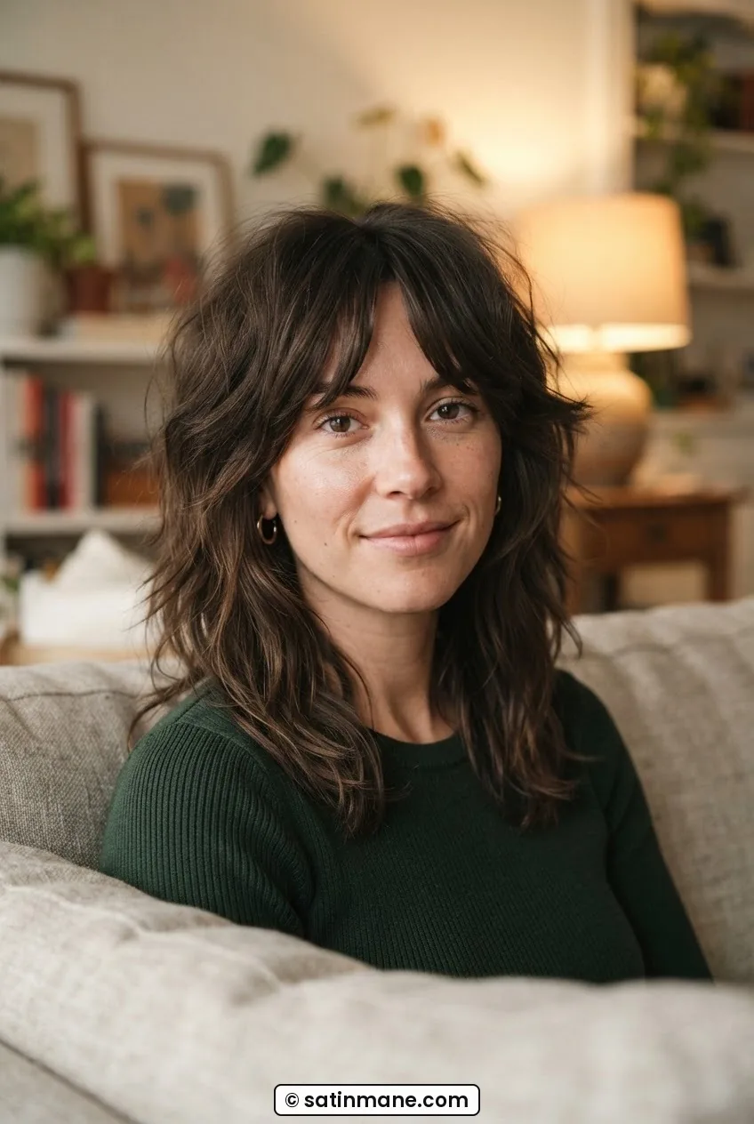 Woman with shaggy long bob at the collarbone featuring heavy crown layers and wispy curtain bangs