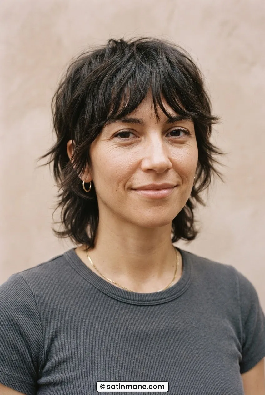 Woman with short shaggy haircut and curtain bangs shown at slight angle against plain clay backdrop