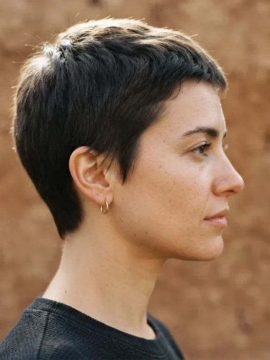 Woman with short cropped haircut in side profile against plain clay backdrop with clean outline lighting