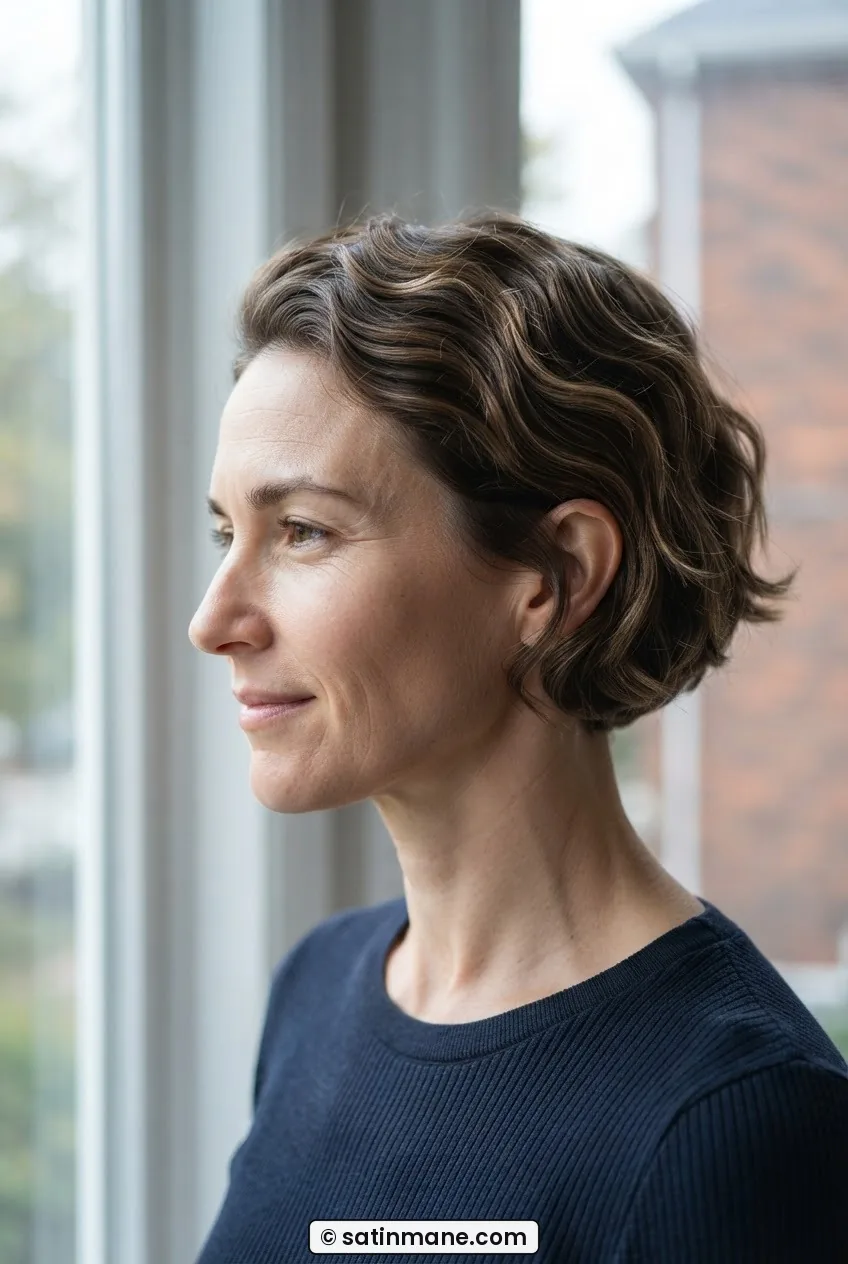 Woman with short ear-length fine wavy haircut showing wave bend at temple and crown in cool natural daylight