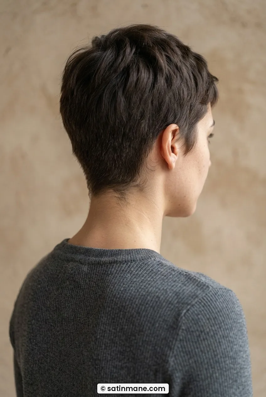 Rear three-quarter view of woman with very short cropped hair showing grow-out texture at nape and ears
