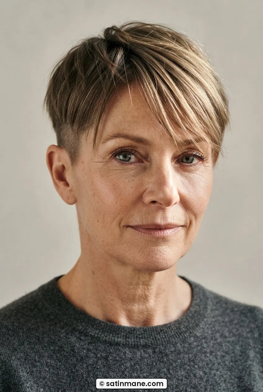 Woman with fine straight hair in a short textured crop with close sides and longer top section directed forward