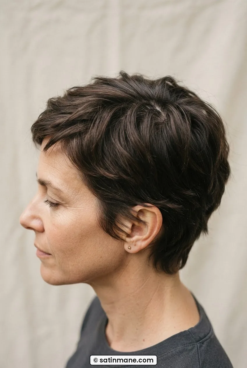 Woman with short textured cut photographed from above showing crown and natural growth pattern