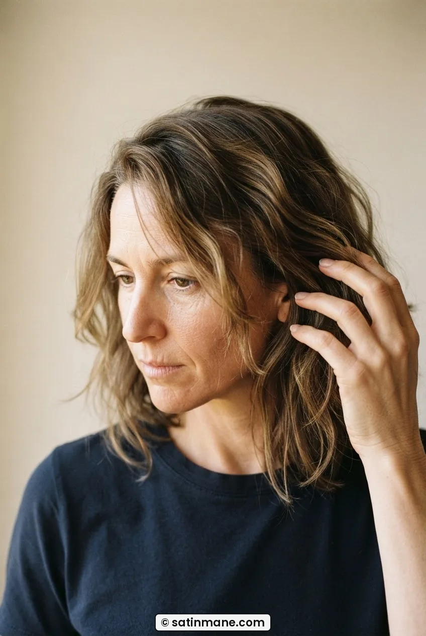 Woman with shoulder-grazing layered cut and face-framing pieces falling forward, no product