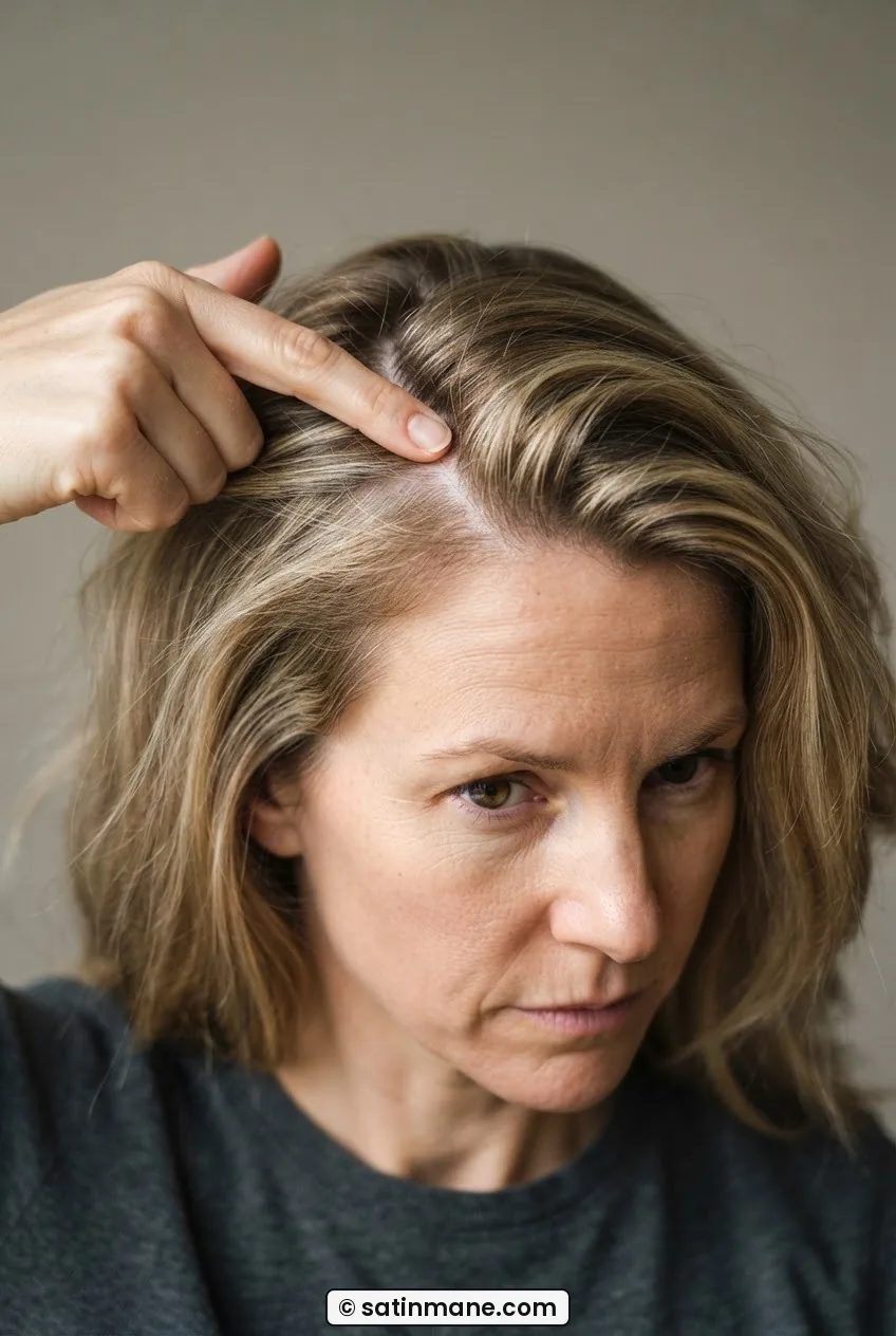 Woman's hair parting being shifted to the other side with one finger, old parting faintly visible