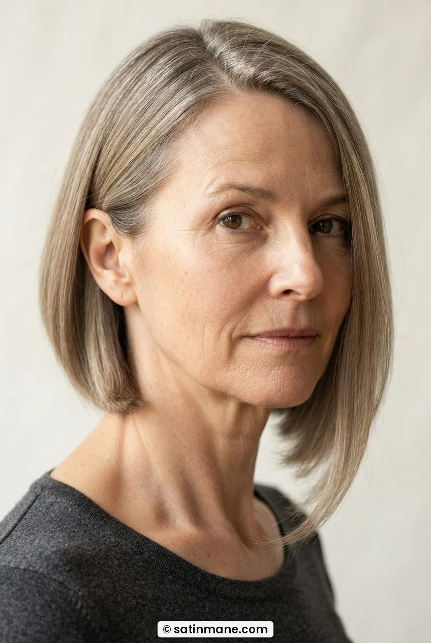 Woman with fine straight hair in a side-parted bob with one longer face-framing piece falling past the jaw