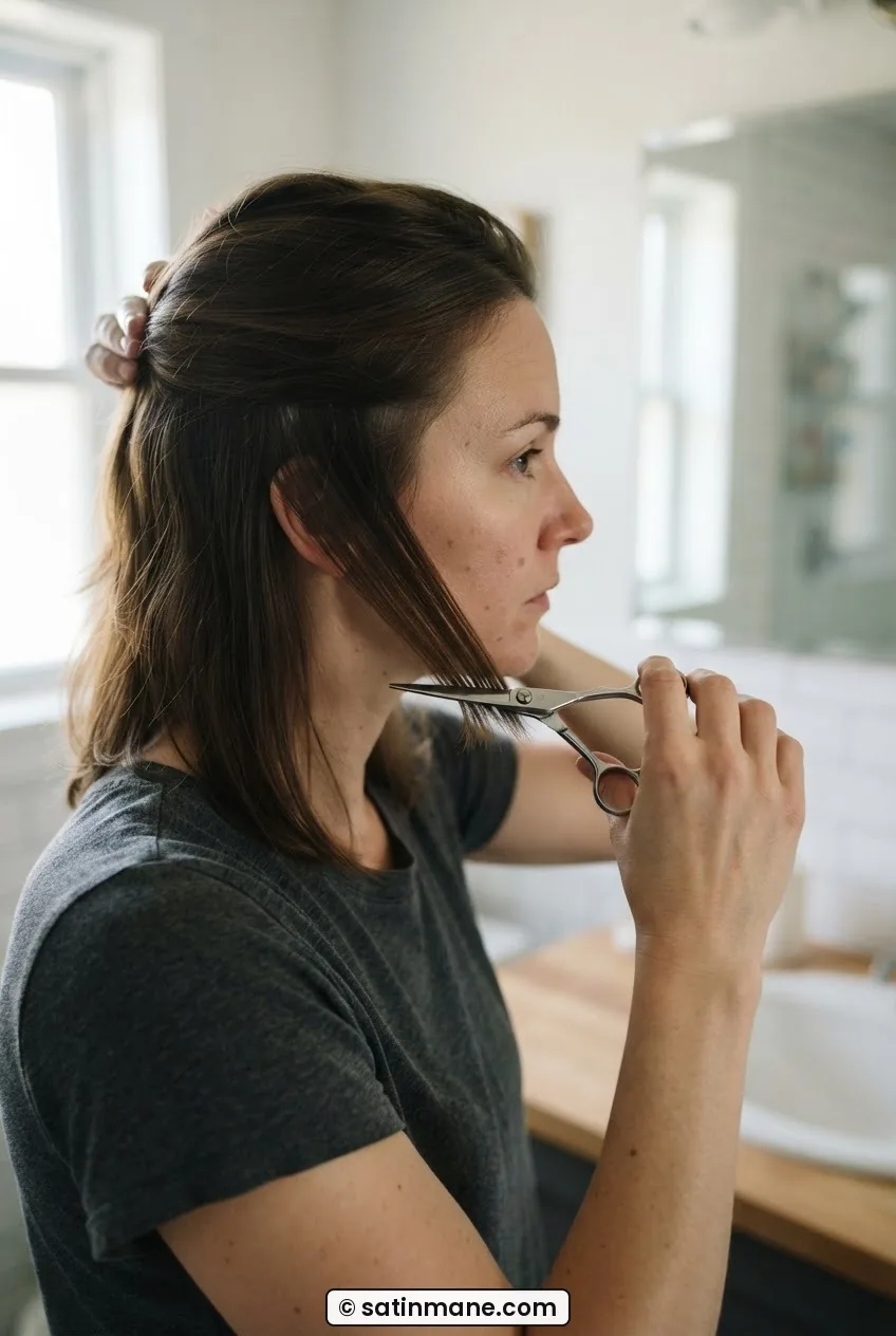 Side view of woman's left hair section pulled back at diagonal angle with scissors at guide length