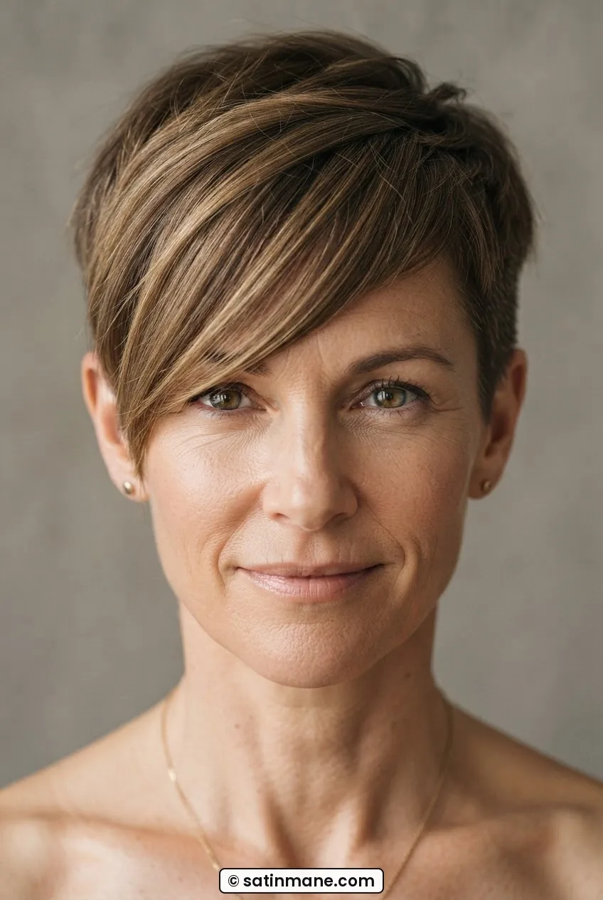 Woman with side-swept diagonal fringe transition from a grown-out pixie with close-cropped sides