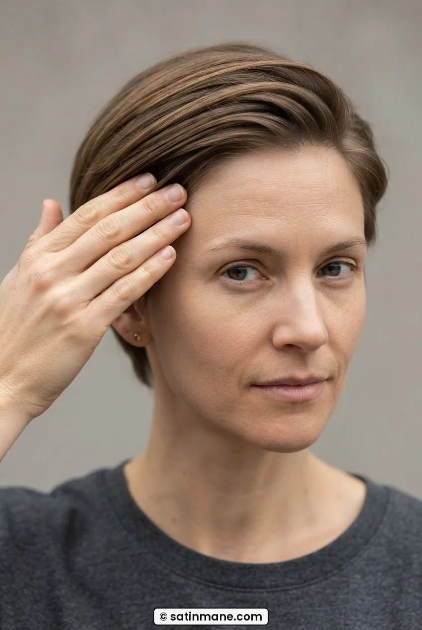 Woman's flat hand sweeping the temple section of her long pixie cut diagonally back toward the ear in one smooth motion