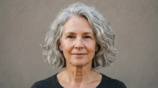62-year-old woman with air-dried silver chin-length bob, soft daylight, warm grey backdrop, editorial framing from crown to collarbone