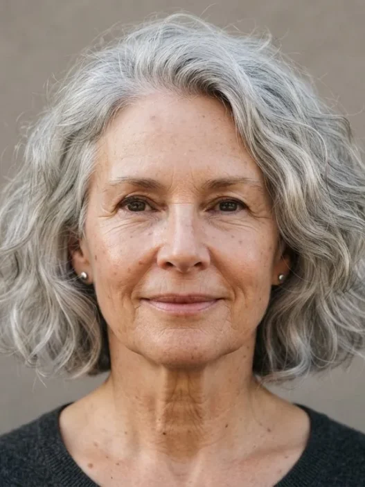 62-year-old woman with air-dried silver chin-length bob, soft daylight, warm grey backdrop, editorial framing from crown to collarbone
