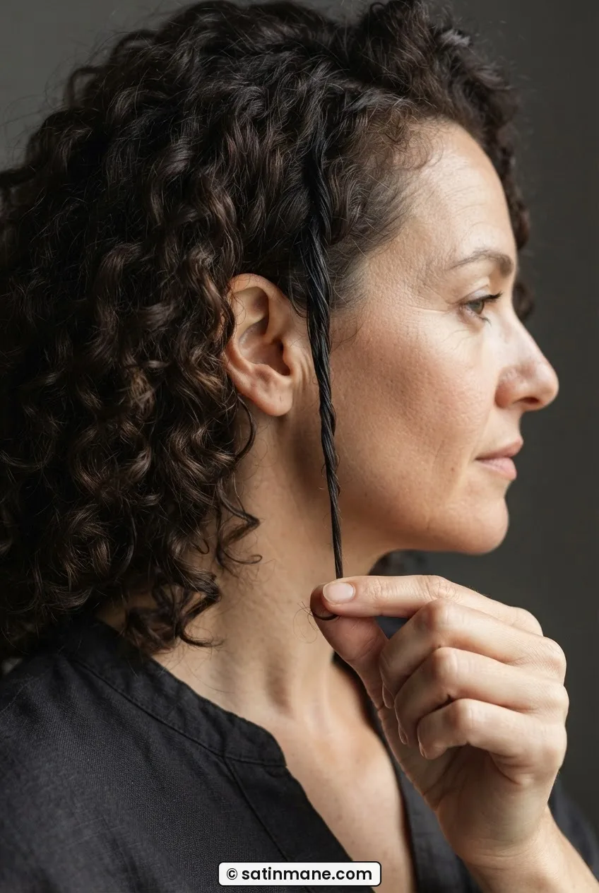 Two fingers gently pulling a single long curl clump straight downward showing the stretched length compared to surrounding coiled clumps