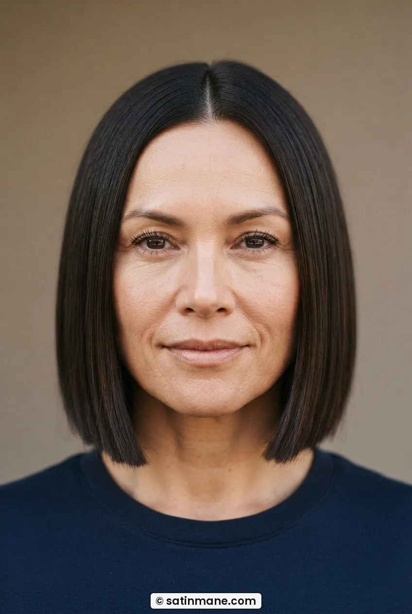 Woman with round face in a sleek flat-ironed blunt one-length bob ending below the chin, high-polish finish
