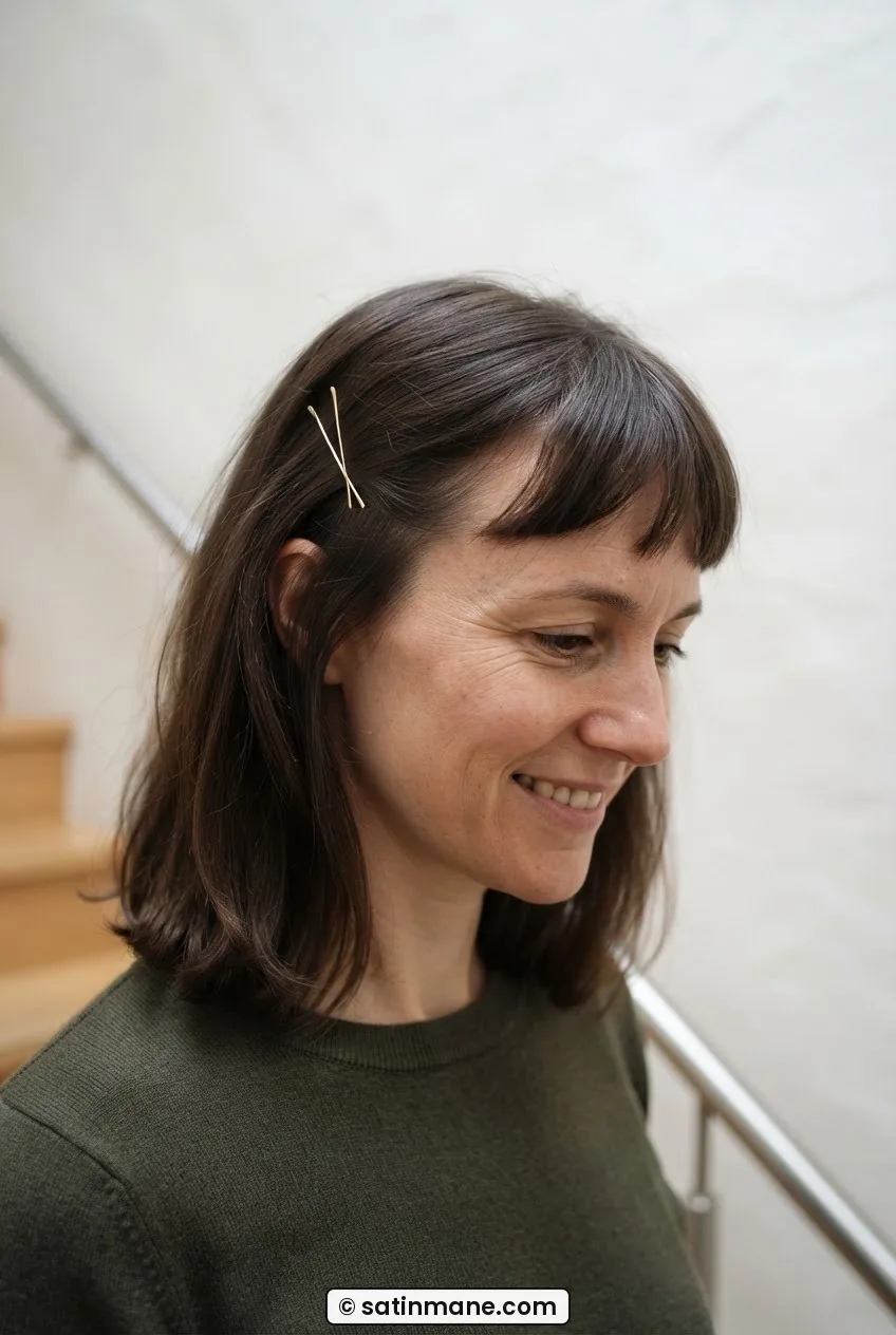 Woman with growing-out bangs pinned back with a single slide pin above the ear, rest of hair falling loose to collarbone