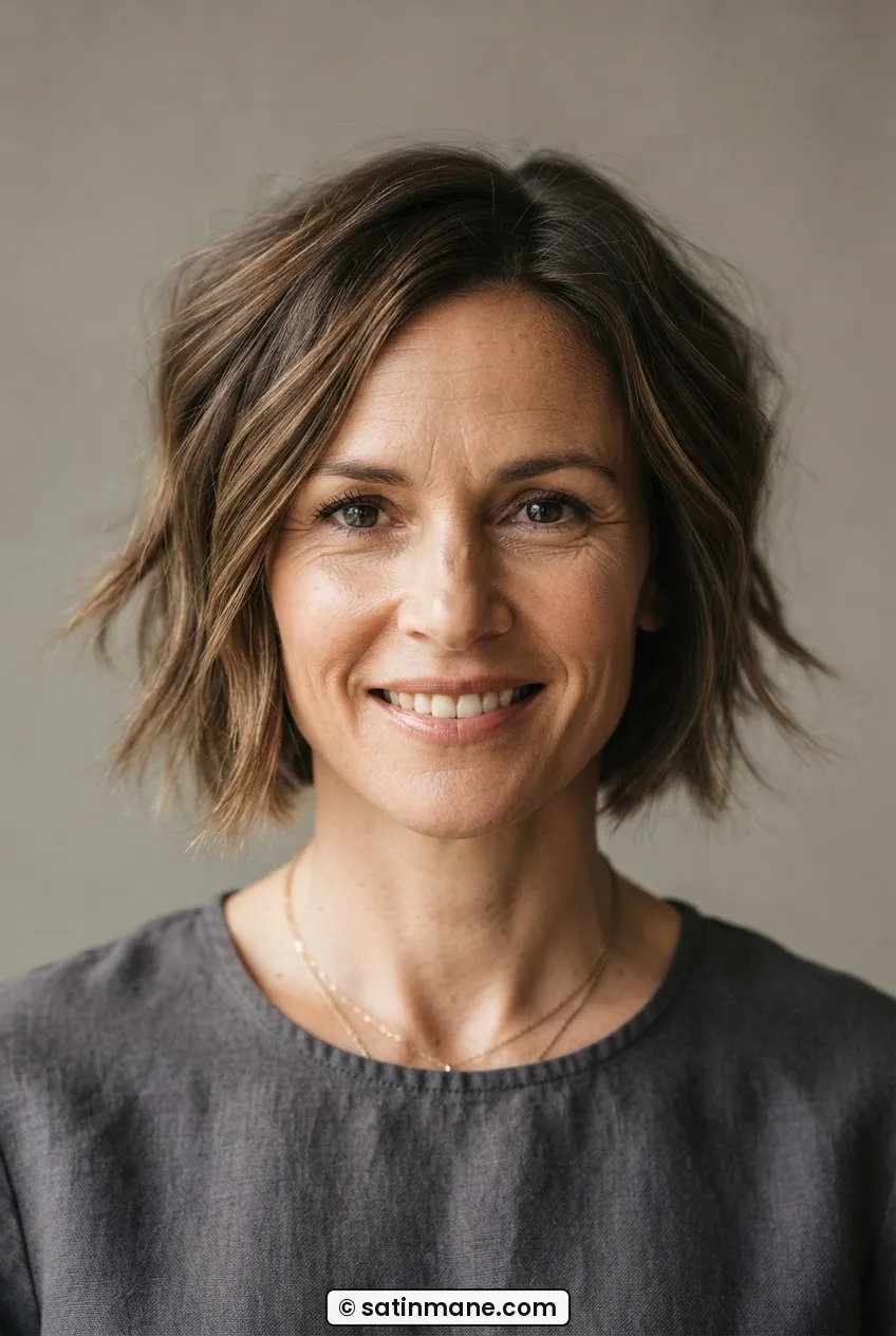 Woman with soft bixie between ear and chin showing loose layered ends and natural movement from grown pixie