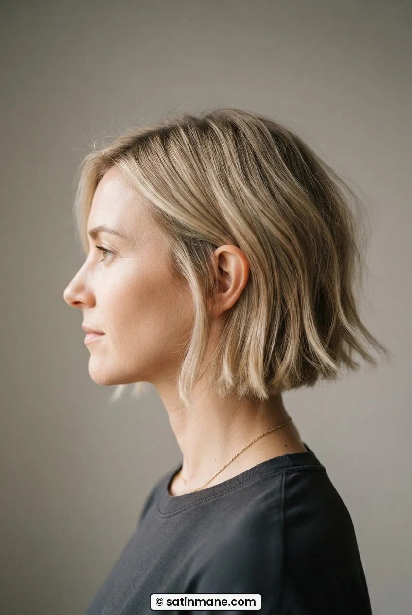 Side profile of a woman with a soft chin-length bob showing point-cut feathered ends in sandy blonde hair