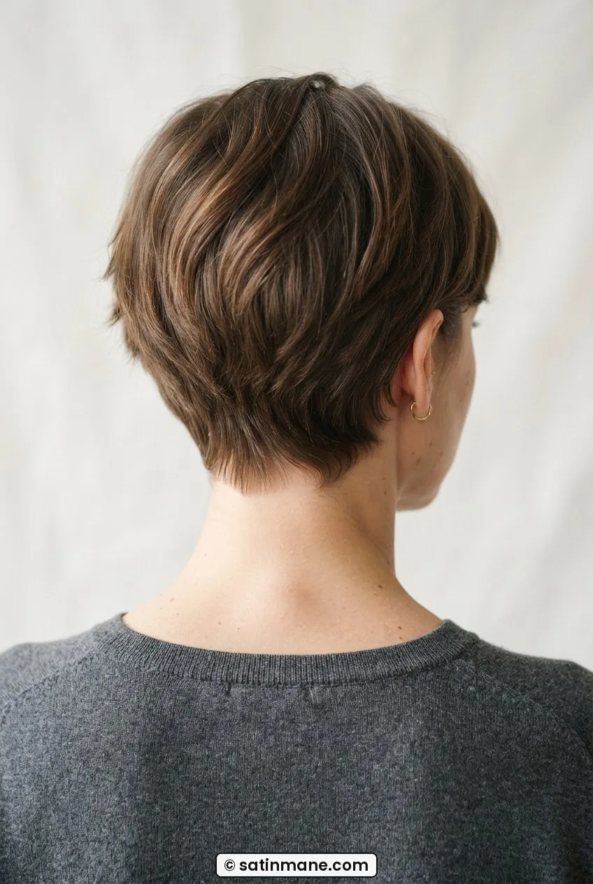 Back view of woman with soft-graduation pixie built to grow out, blended nape, no hard disconnections