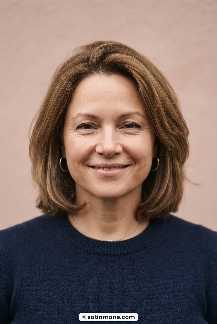 Woman with a rounder face wearing a soft lob with internal layers and a natural side part below the chin