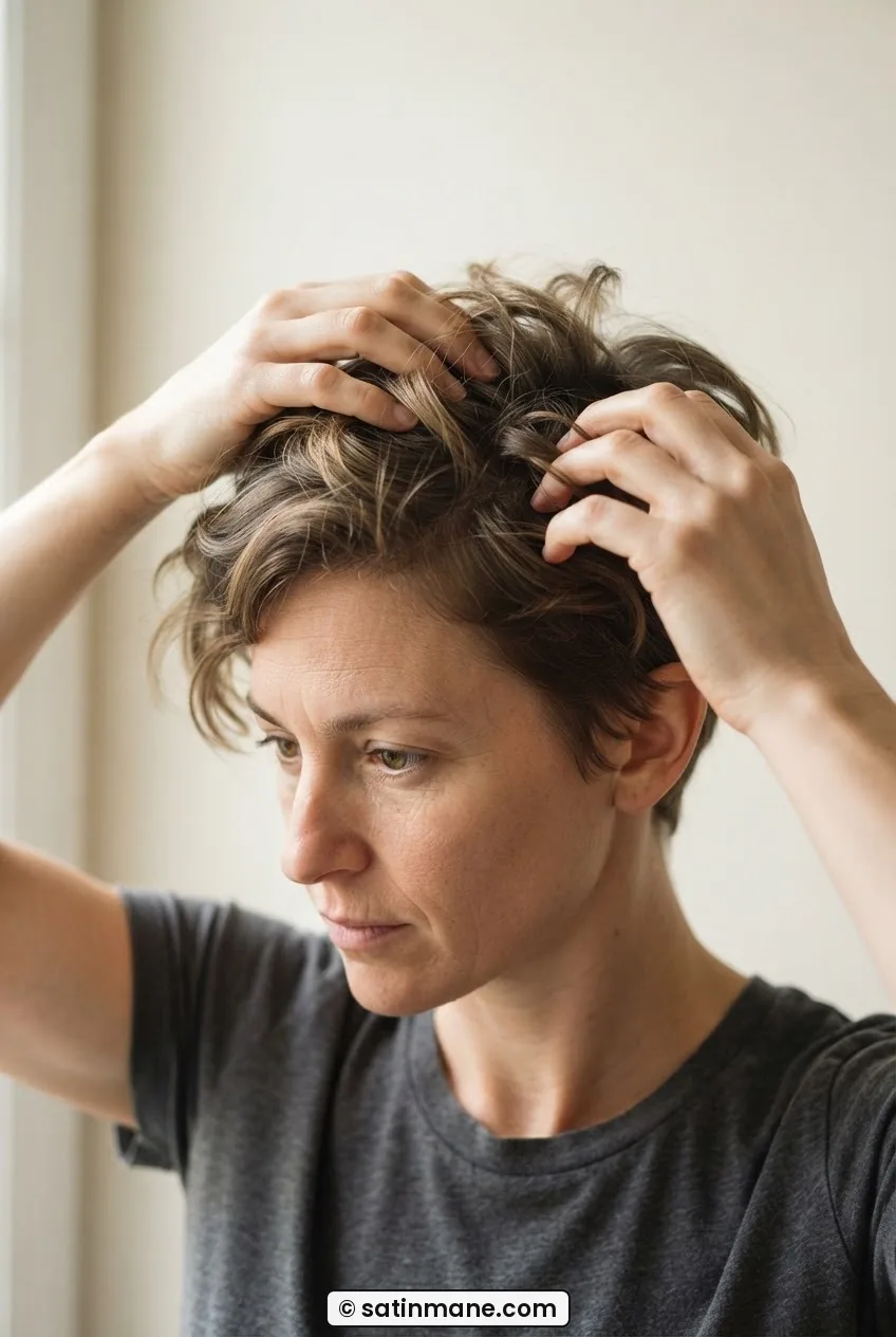 Woman with soft pixie cut longer at the crown and tapered at the sides in bright morning light