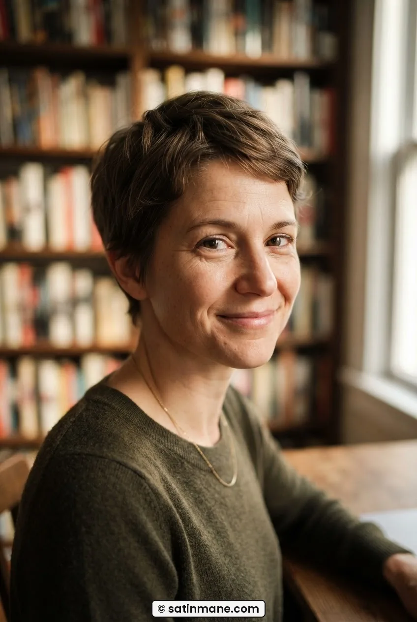 Woman with a soft pixie cut at six weeks post-trim, rounded crown and blended sides, photographed in warm study daylight