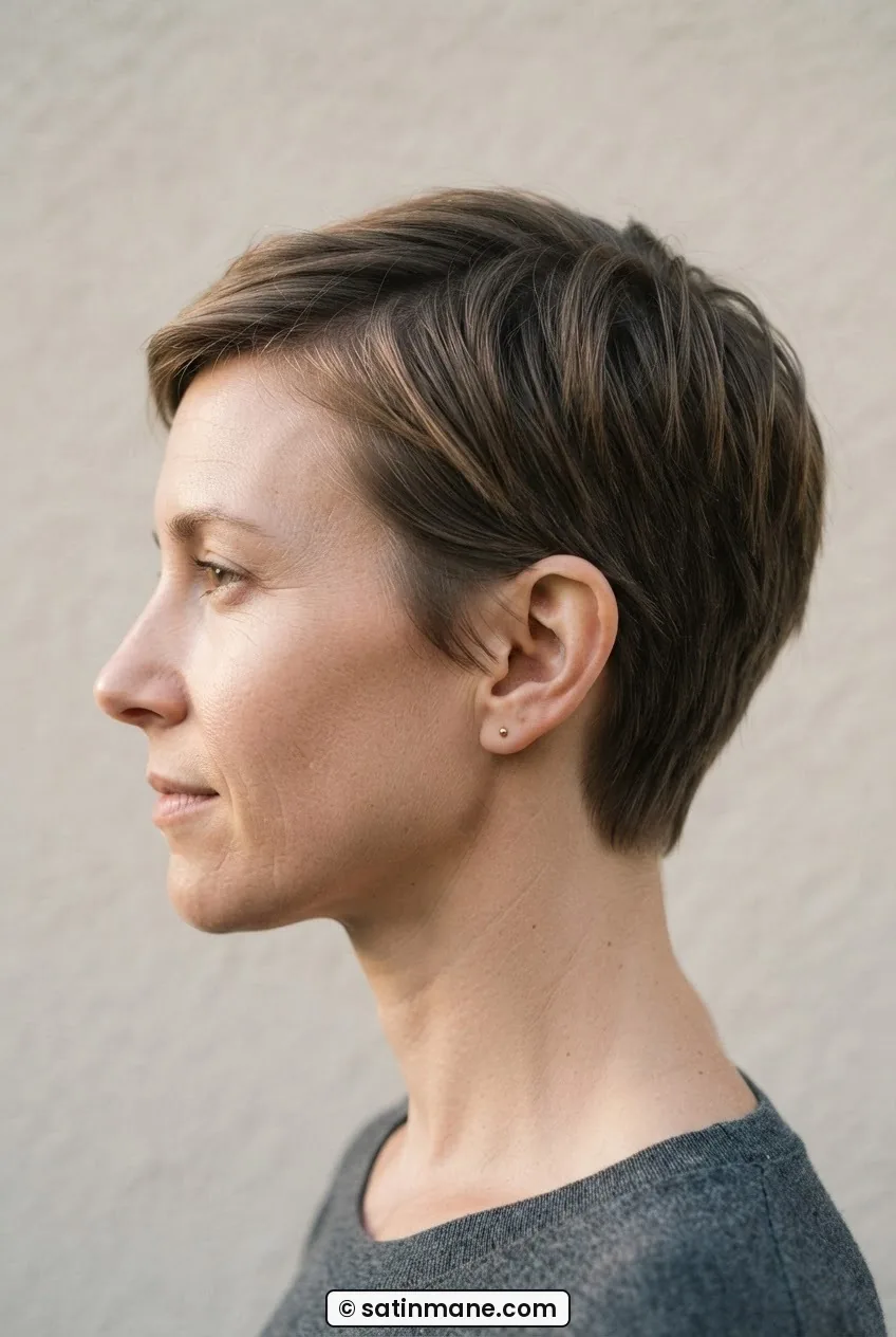 Side profile of woman with soft textured pixie on fine hair showing blunt weight line at perimeter