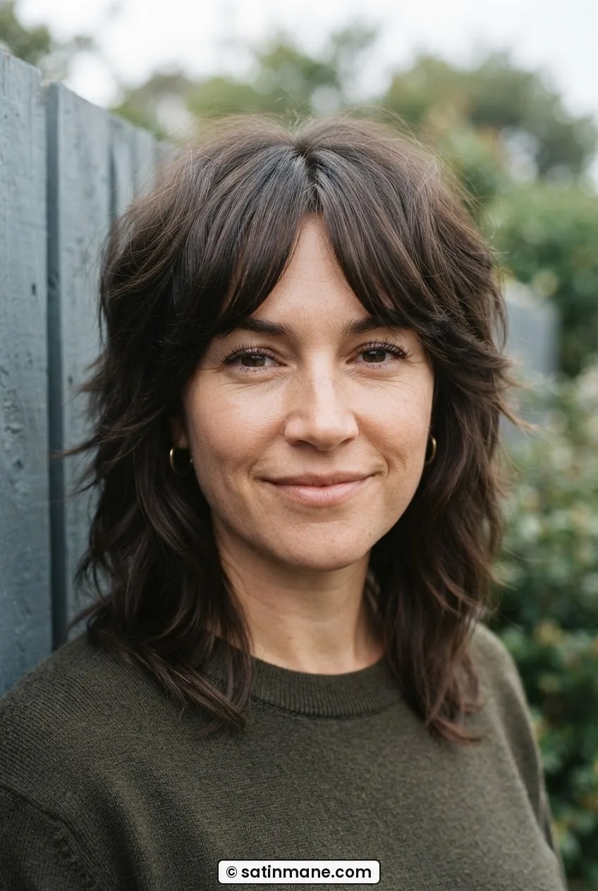 Woman with rounder face wearing soft shag haircut with curtain layers framing the face in editorial outdoor setting