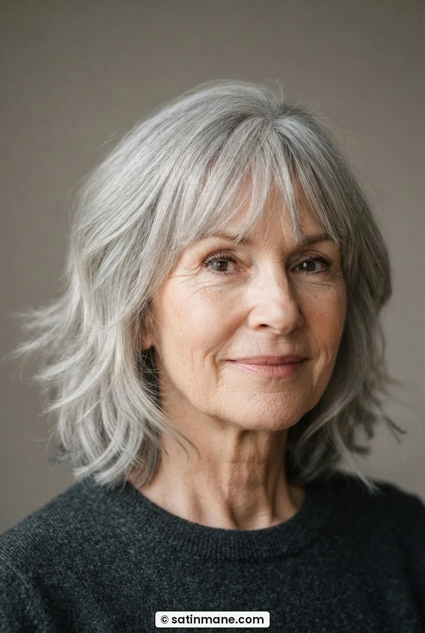 62-year-old woman with soft silver shag at collarbone length showing feathered ends and interior layer movement