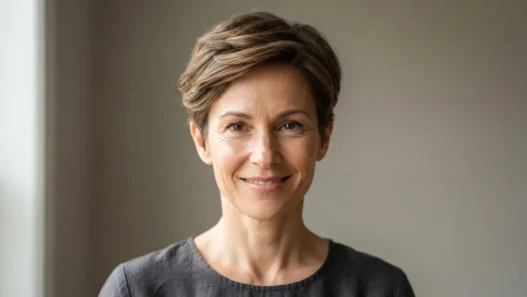 Woman with soft taper grown-out pixie cut showing clean nape and longer crown in natural daylight
