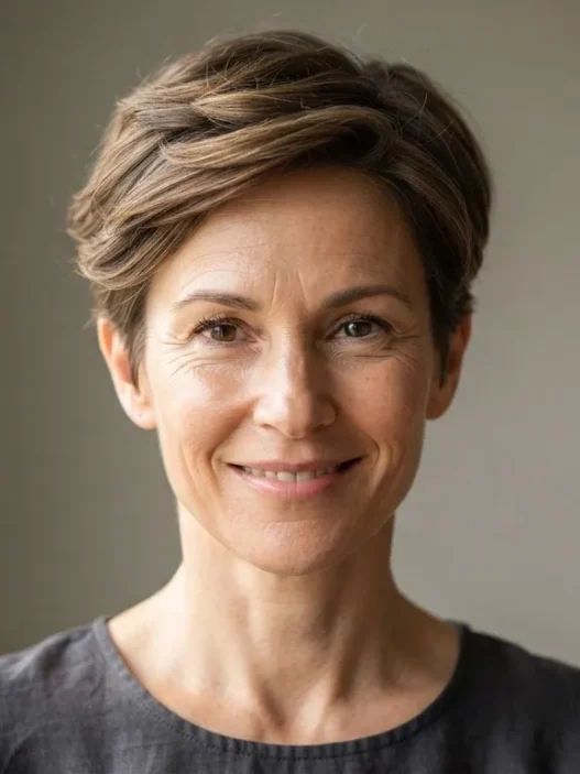 Woman with soft taper grown-out pixie cut showing clean nape and longer crown in natural daylight